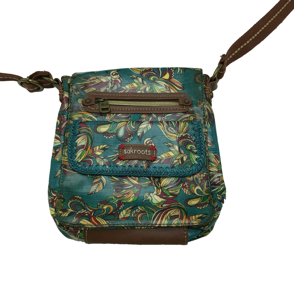 Sakroots Artist Circle Small Flap Messenger Crossbody Bag Teal Bird Floral Print